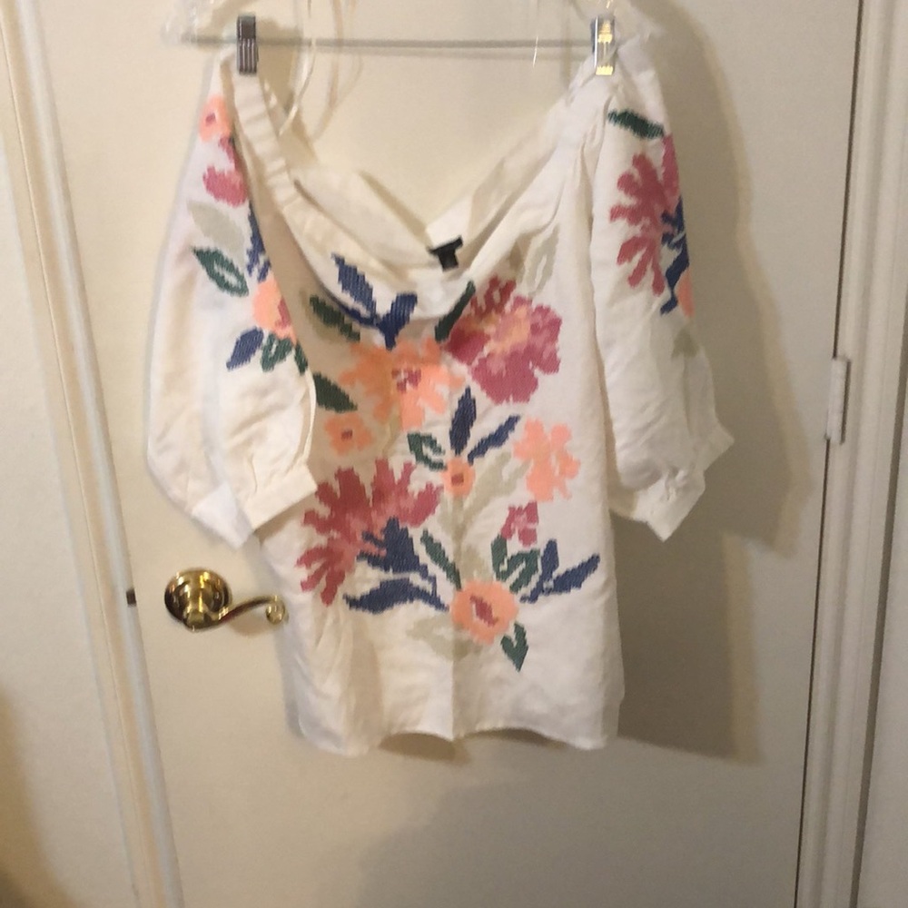 Ann Taylor, New, White Off Shoulder Linen Blend Embroidered Floral Top, XL - Picture 6 of 6